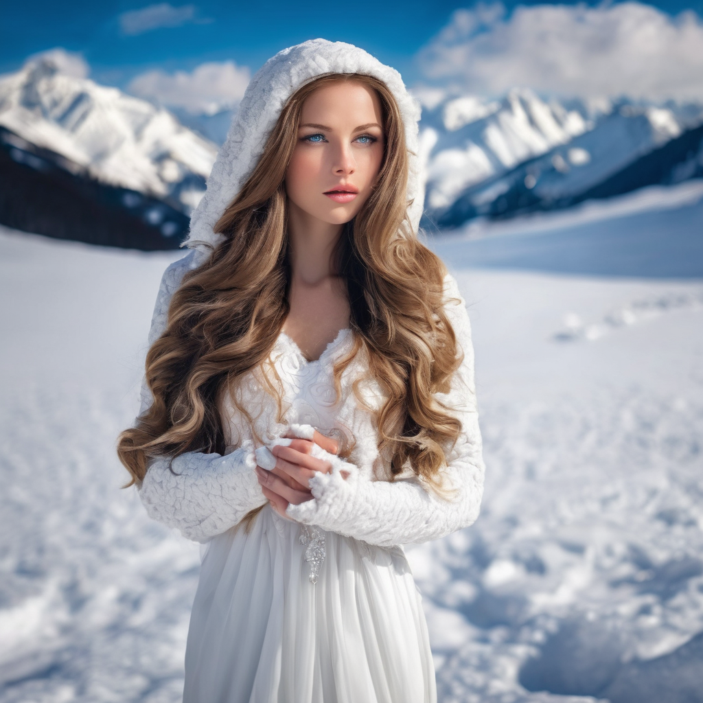 a  beautiful girl with long hair blue eyes awesome whte dress in snowy mountains