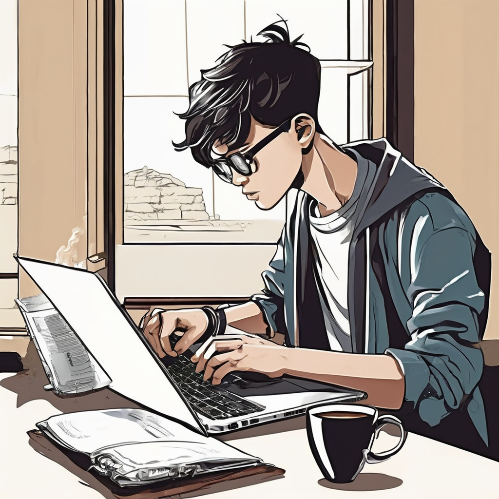 generate image of boy typing in laptop at table a cup of coffee and mobile phone beside, Realistic s