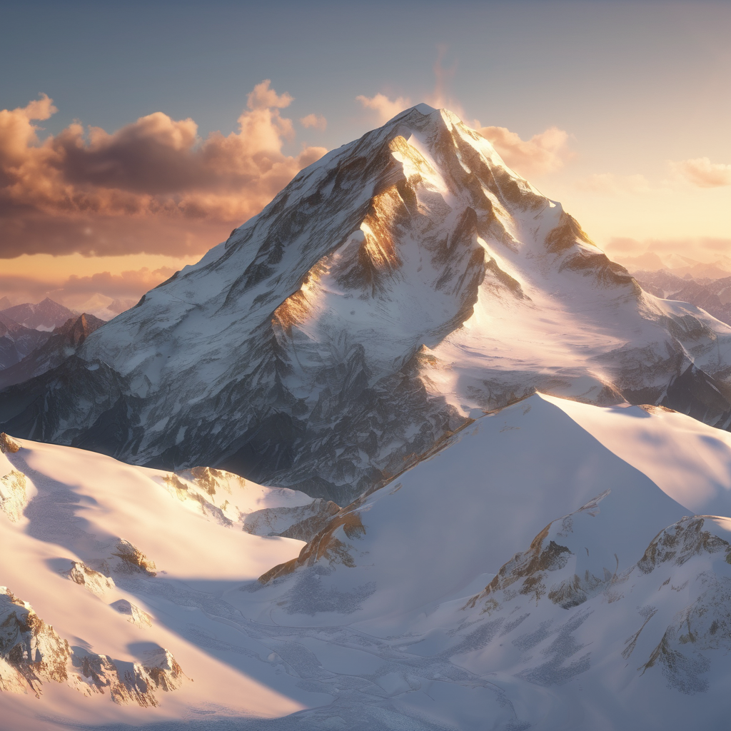 A majestic snow-capped mountain at golden hour, photorealistic, 8K